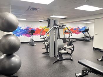 A gym with a variety of equipment including a treadmill, weights, and a bench.